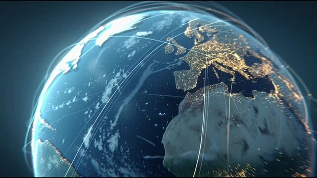 Global network connecting continents and cities with lights and lines, symbolizing communication and technology worldwide