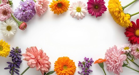 Obraz premium Assorted vibrant flowers positioned on a plain white background with copy space