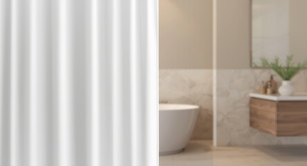 Fototapeta premium Shower curtain half turned and closed with clear polyester cover in bathroom mockup