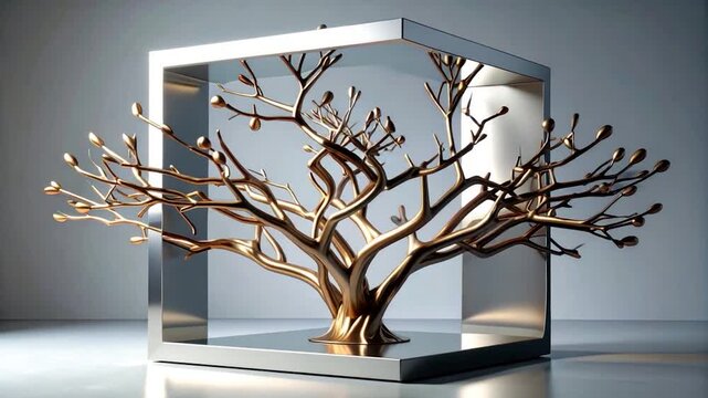 A gold tree sculpture enclosed within a metallic, reflective cube frame