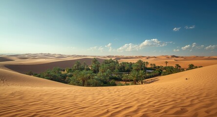 Wide desert site containing a flourishing oasis and natural beauty