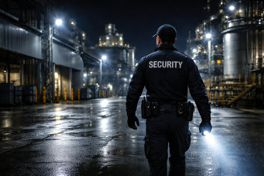 Security guard patrolling industrial site at night with flashlight