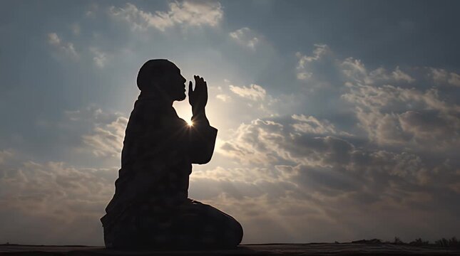 Man praying silhouette at sunset.