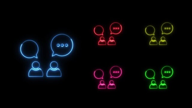 Collection of glowing neon abstract people with chat bubbles animations in multivariant colors on a black background. Communication. Messaging. Social media. Dialogue. Discussion.