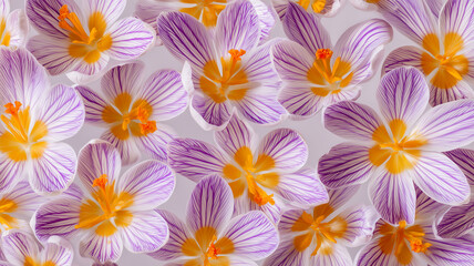 Spring floral background with many blooming purple crocuses