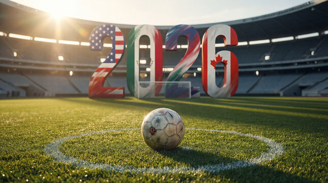 Fu&szlig;ball Weltmeisterschaft 2026 Motiv Fu&szlig;ball auf Rasen Spielfeld mit Flagge, WM 2026