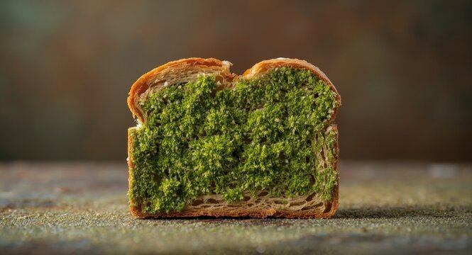 Green mold spreading over stale bread with fungal presence