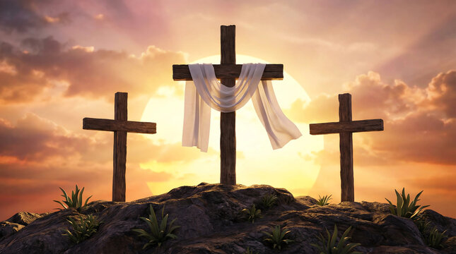 Three wooden crosses stand on a rocky hill at sunset with a white cloth draped over the center one
