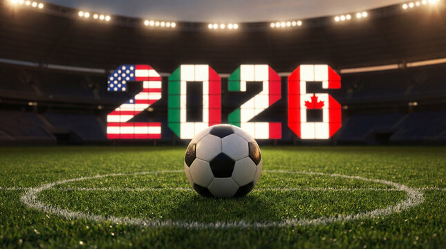 Fu&szlig;ball Weltmeisterschaft 2026 Motiv Fu&szlig;ball auf Rasen Spielfeld mit Flagge, WM 2026