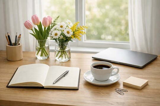 Cozy home office desk with fresh flowers, coffee, notebook, pen and soft daylight in peaceful atmosphere