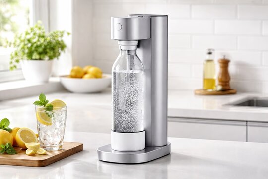 Modern soda maker carbonating water on kitchen counter with lemon, mint, and ice refreshment beside it