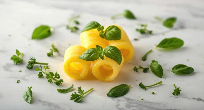 Panoramic setup of three butter curls garnished with fresh garden basil and parsley on a crisp white surface