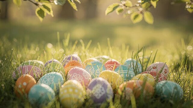 Multicolored hand-painted Easter eggs resting on fresh green grass during a sunny spring morning