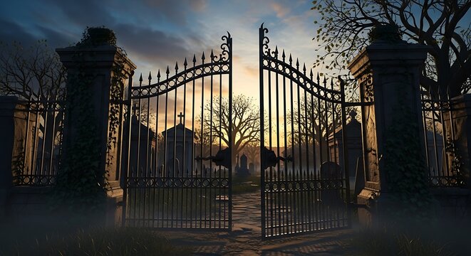 Mysterious Iron Gate at Dusk with Trees.