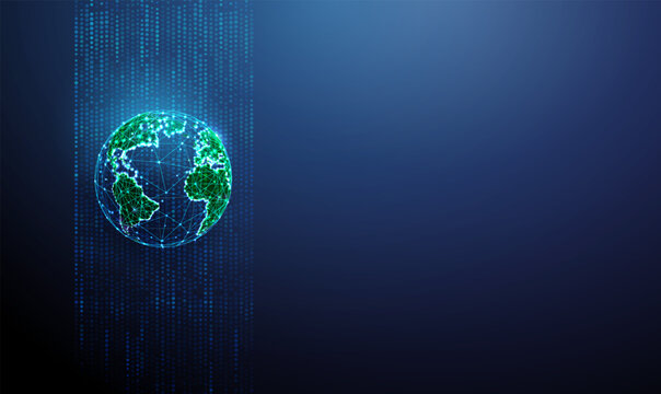 3d green earth globe in flowing data stream. Global data exchange, digital connectivity, information transfer, technology integration, worldwide analytics concept.