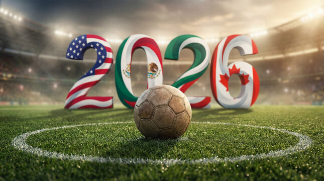 Fu&szlig;ball Weltmeisterschaft 2026 Motiv Fu&szlig;ball auf Rasen Spielfeld mit Flagge, WM 2026