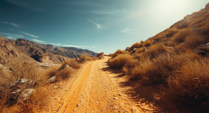 Sunny desert path extending over steep terrain and dry brush