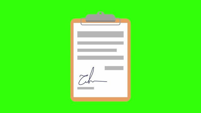 A hand with a blue pen signing a paper document on a clipboard. Isolated on a bright green chroma key background for easy video integration