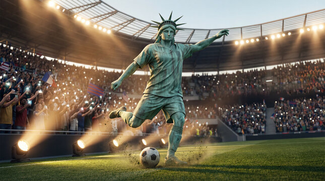 Fu&szlig;ball Weltmeisterschaft 2026 Motiv Freiheitsstatute Fu&szlig;ball auf Rasen Spielfeld mit Flagge, WM 2026