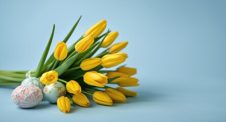 Vibrant yellow tulip bouquet paired with Easter eggs on soft blue copy space background