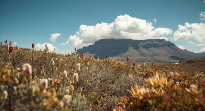 Biodiverse fynbos with thriving indigenous restios ericas and proteas and copy space