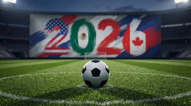 Fu&szlig;ball Weltmeisterschaft 2026 Motiv Fu&szlig;ball auf Rasen Spielfeld mit Flagge, WM 2026