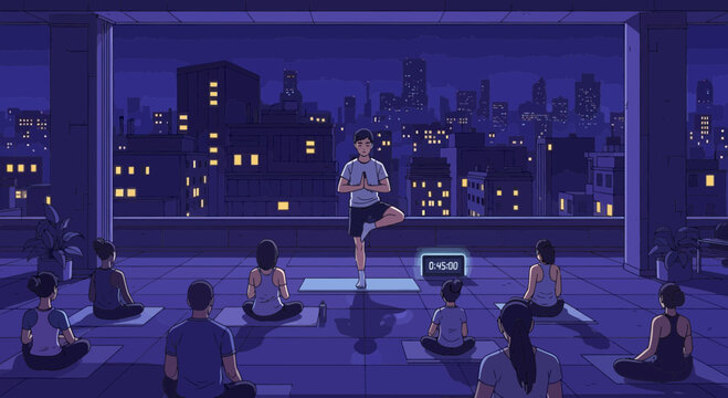 Yoga Class on Rooftop at Night Serene Urban Wellness.
