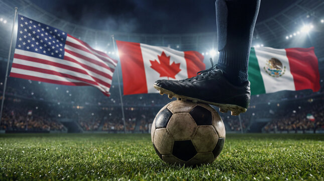 Fu&szlig;ball Weltmeisterschaft 2026 Motiv Fu&szlig;ball auf Rasen Spielfeld mit Flagge, WM 2026