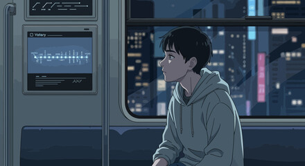 Fototapeta premium Anime Boy on Train Reflective Moment in Urban Nightscape.