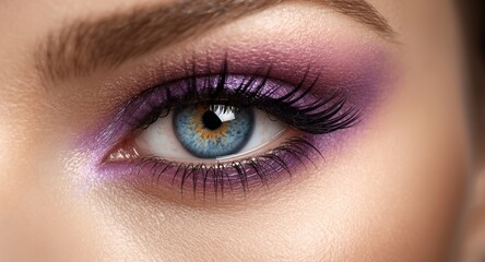 Fototapeta premium Magnified close up of a womanâ€™s eye combining bright blue iris with bold purple eye shadow and long lashes