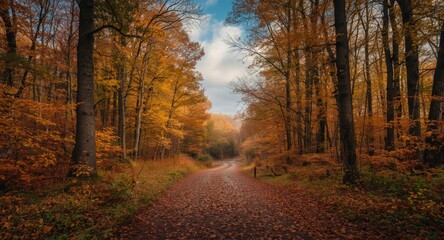 Obraz premium Quiet forest path covered with colorful fall leaves in beech forest art