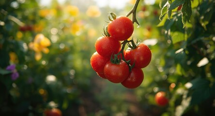 Ripe red tomatoes freshly picked in garden full of juicy freshness