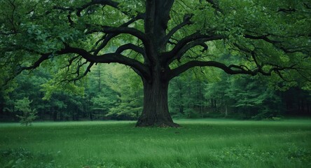 Obraz premium quiet beauty of a large tree standing tall in a rich green grassy forest clearing
