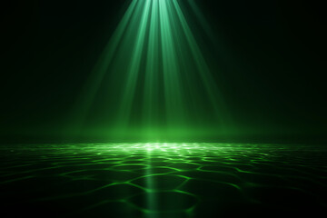 Abstract futuristic stage with a single intense green spotlight beam and organic neon light patterns on dark reflective floor, cinematic 3D rendering for high-tech showcase