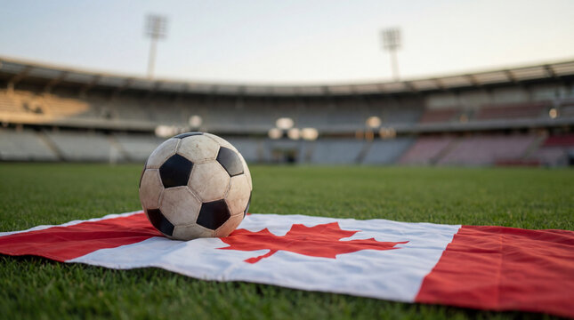 Fu&szlig;ball Weltmeisterschaft 2026 Motiv Fu&szlig;ball auf Rasen Spielfeld mit Flagge, WM 2026