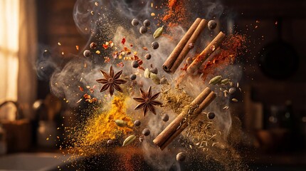 Explosion of colorful spices in the air with cinematic dark lighting