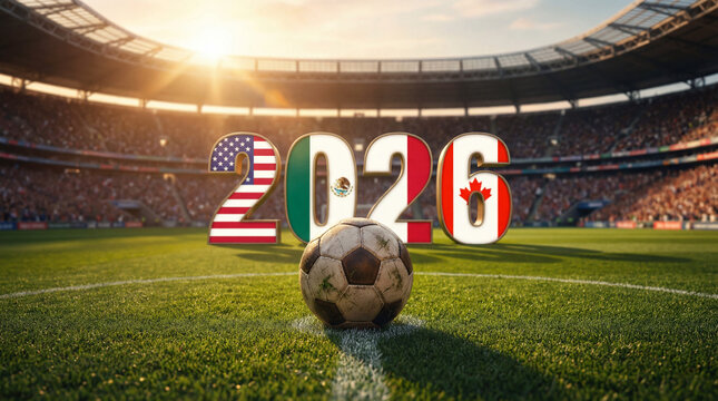 Fu&szlig;ball Weltmeisterschaft 2026 Motiv Fu&szlig;ball auf Rasen Spielfeld mit Flagge, WM 2026