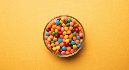 Naklejka premium Top down shot of mixed candies in a bowl on a playful colored backdrop designed for festive greetings with room for text