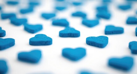 Close perspective of blue hearts arranged on a bright white background