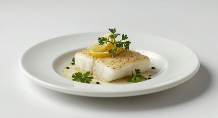 Sea bass fillet plate featuring fresh lemon slices and parsley for a clean seafood presentation