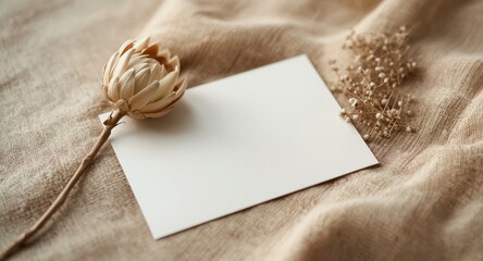 Fototapeta premium Elegant blank invitation card with dried protea flower placed on textured linen backdrop