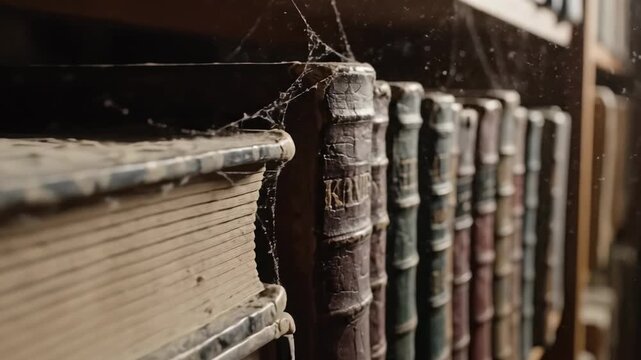 In a dim ancient library, dust dances in sunlight, highlighting old books with intricate details, their spines adorned by webs woven by time and neglect.