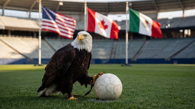 Fu&szlig;ball Weltmeisterschaft 2026 Motiv Adler mit Fu&szlig;ball auf Rasen Spielfeld mit Flagge, WM 2026