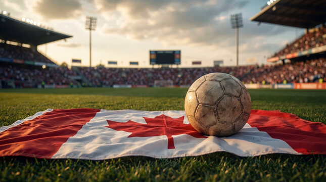 Fu&szlig;ball Weltmeisterschaft 2026 Motiv Fu&szlig;ball auf Rasen Spielfeld mit Flagge, WM 2026