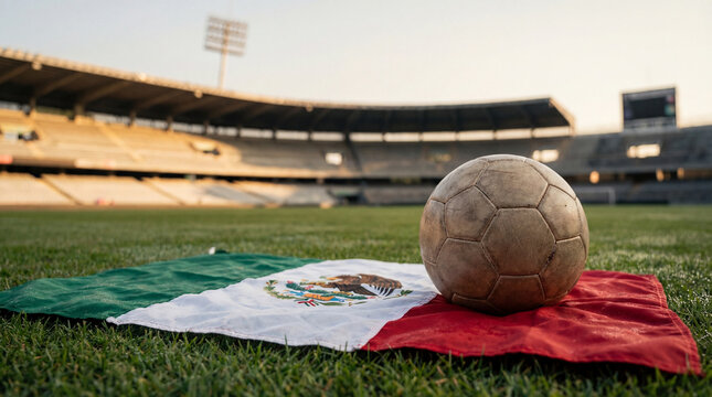 Fu&szlig;ball Weltmeisterschaft 2026 Motiv Fu&szlig;ball auf Rasen Spielfeld mit Flagge, WM 2026