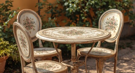 Vintage wooden terrace table and chair set with hand painted garden furniture design
