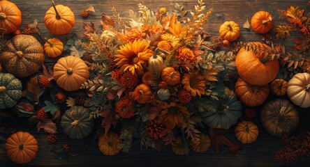 Naklejka premium Top view of autumn floral arrangements and handcrafted pumpkins on rustic holiday table anime aesthetic
