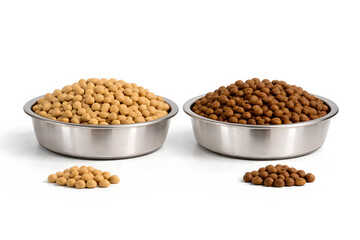 Fototapeta premium Two bowls of dry dog kibble are shown side by side for comparison of pet food options