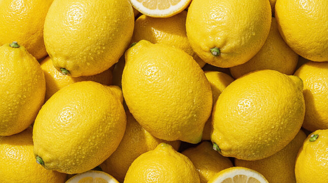 A vibrant pile of fresh, ripe lemons with water droplets glistening on their textured skin