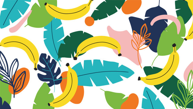 A fun seamless pattern featuring bright yellow bananas, colorful tropical leaves, and abstract shapes on a clean white background.